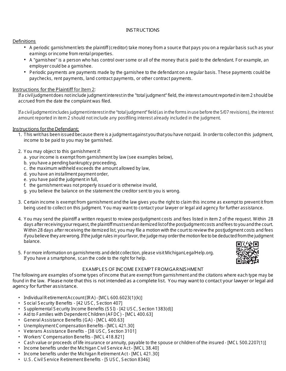 Form MC12 Request and Writ for Garnishment (Periodic) - Michigan, Page 3