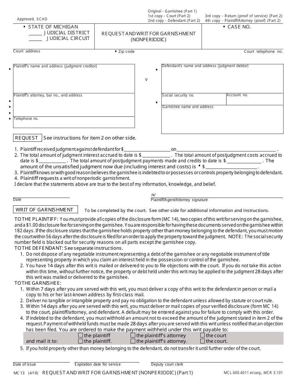 Form MC13 Request and Writ for Garnishment (Nonperiodic) - Michigan, Page 1
