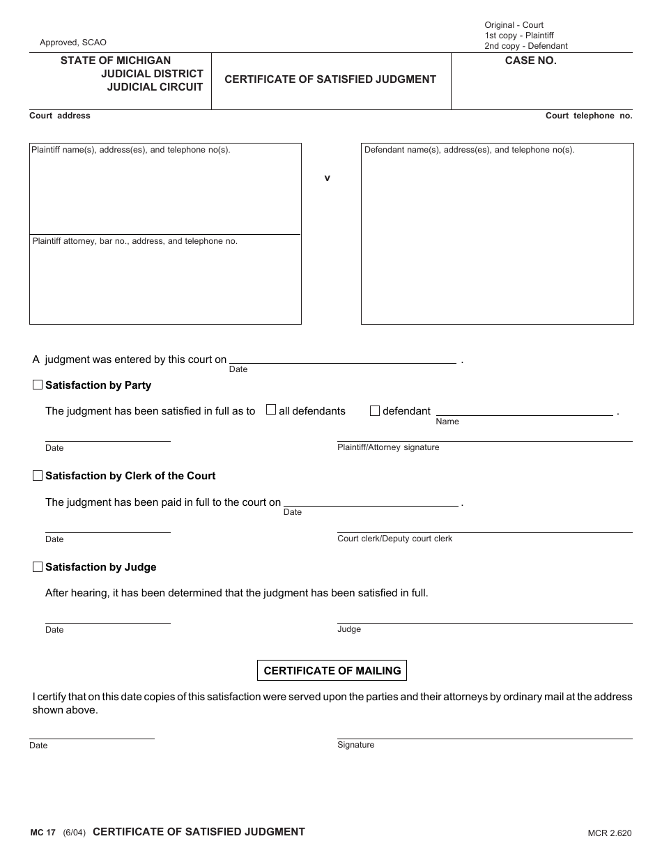 Form MC17 Certificate of Satisfied Judgment - Michigan, Page 1