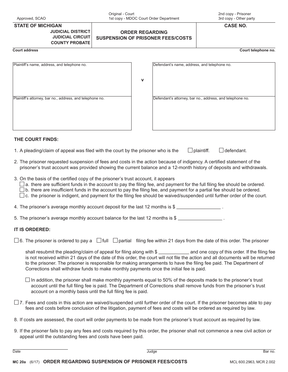Form MC20A Order Regarding Suspension of Prisoner Fees / Costs - Michigan, Page 1