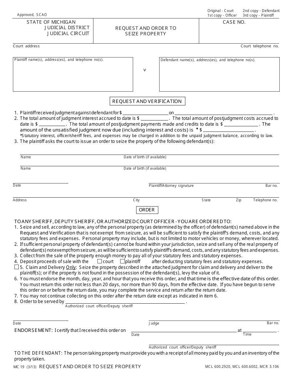 Form MC19 Request and Order to Seize Property - Michigan, Page 1