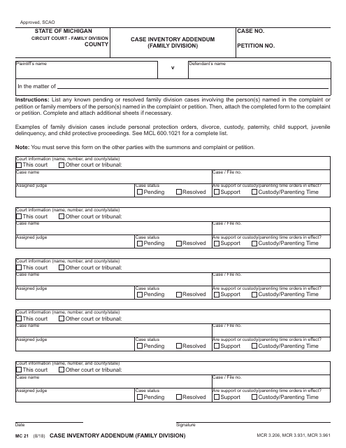 Form MC21 Case Inventory Addendum (Family Division) - Michigan