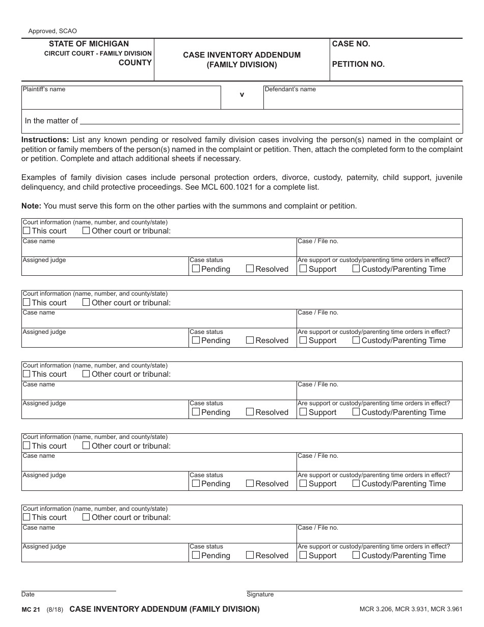 Form MC21 Case Inventory Addendum (Family Division) - Michigan, Page 1
