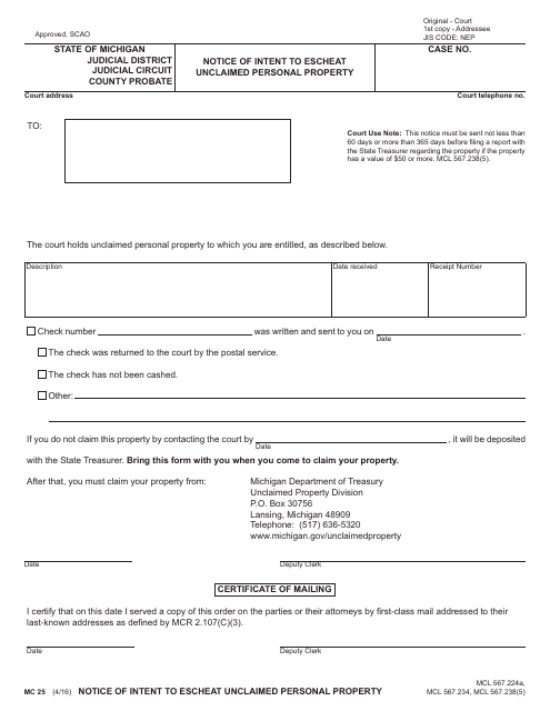 Form MC25 Notice of Intent to Escheat Unclaimed Personal Property - Michigan