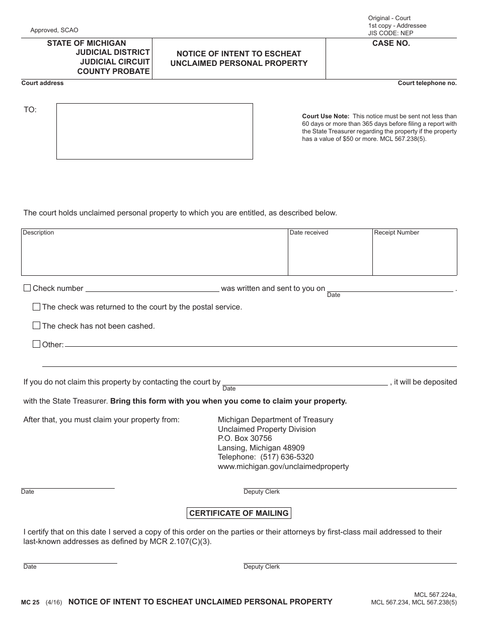Form MC25 Notice of Intent to Escheat Unclaimed Personal Property - Michigan, Page 1
