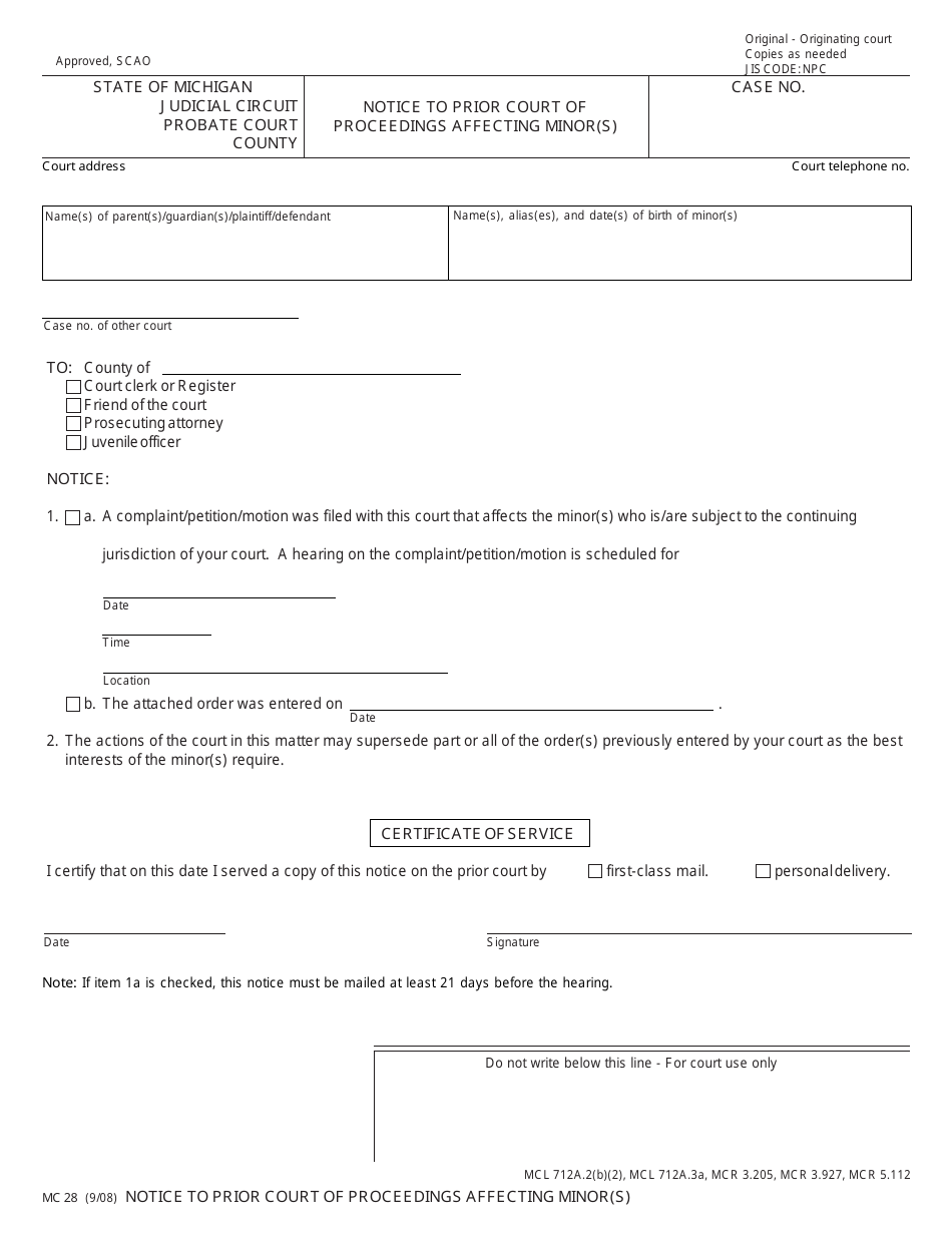 Form MC28 Notice to Prior Court of Proceedings Affecting Minor(S) - Michigan, Page 1
