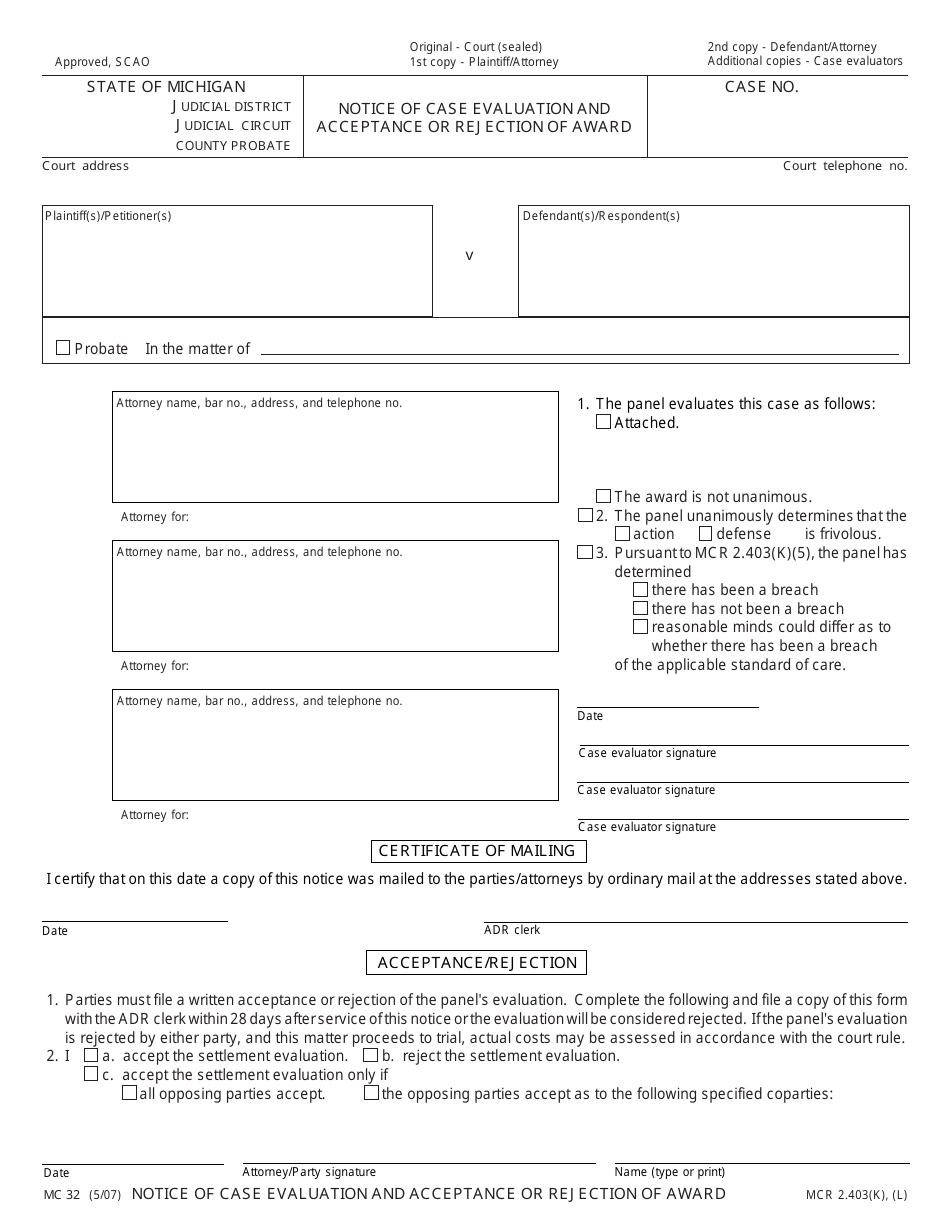 Form MC32 Notice of Case Evaluation and Acceptance or Rejection of Award - Michigan, Page 1