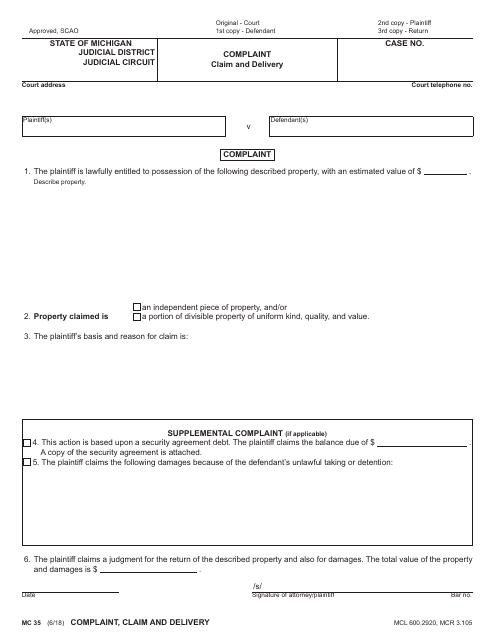 Form MC35 Complaint - Claim and Delivery - Michigan