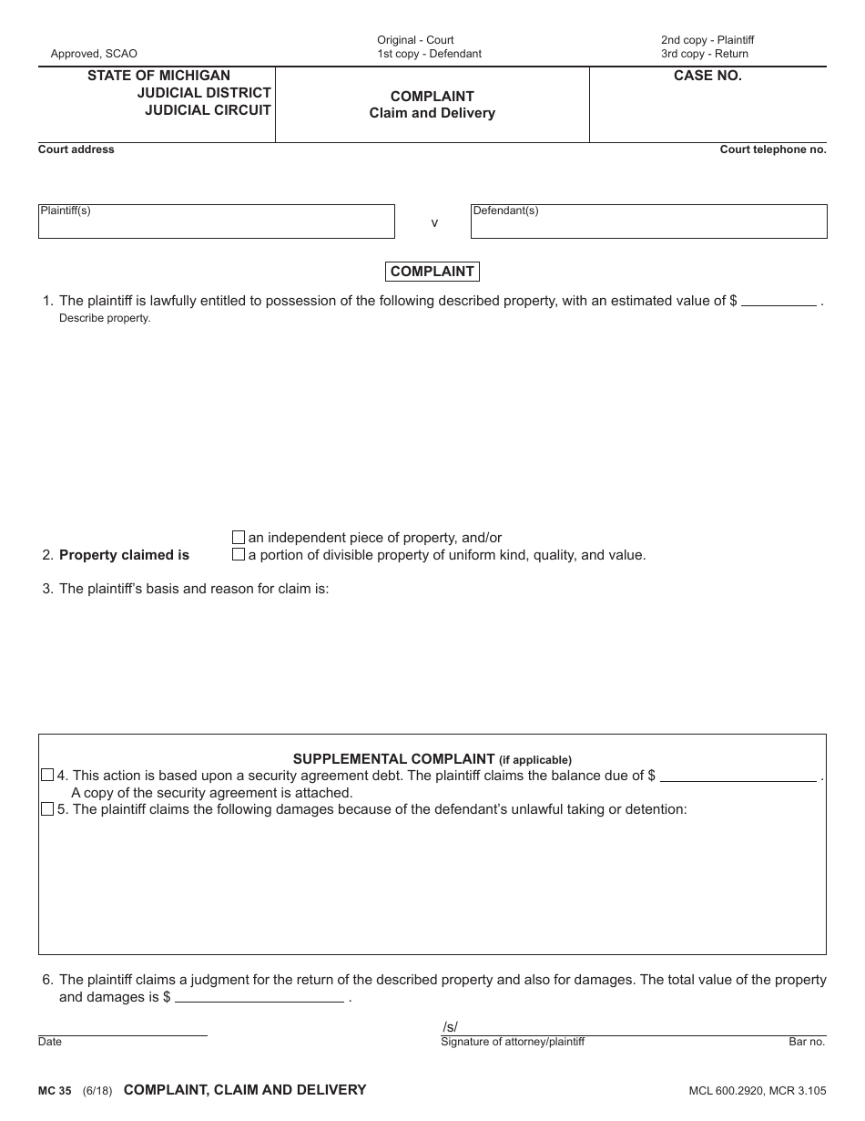 Form MC35 Complaint - Claim and Delivery - Michigan, Page 1