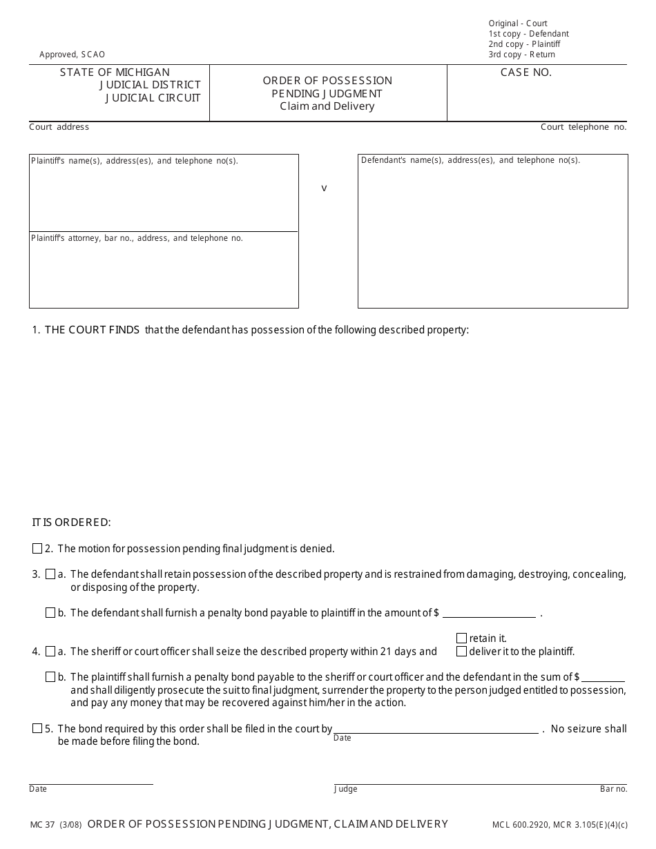 Form MC37 Order of Possession Pending Judgment - Claim and Delivery - Michigan, Page 1