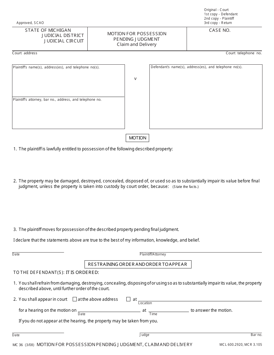 Form MC36 Fill Out, Sign Online and Download Fillable PDF, Michigan