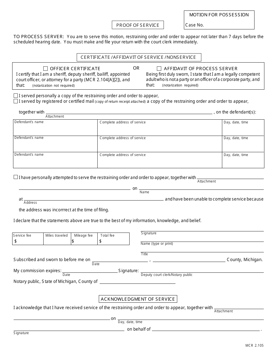 Form MC36 Motion for Possession Pending Judgment - Claim and Delivery - Michigan, Page 2