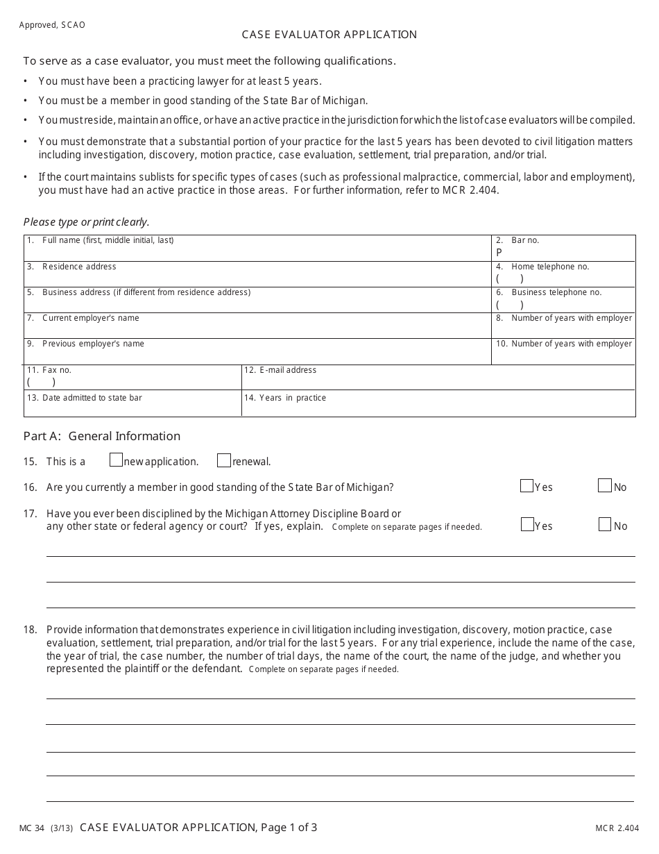 Form MC34 Case Evaluator Application - Michigan, Page 1