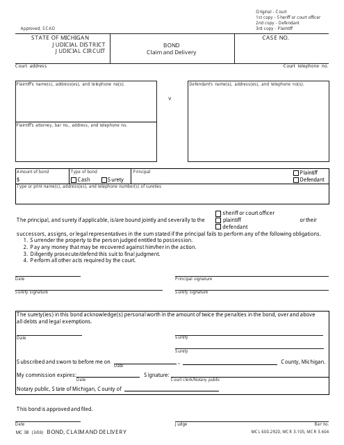 Form MC38 Bond - Claim and Delivery - Michigan