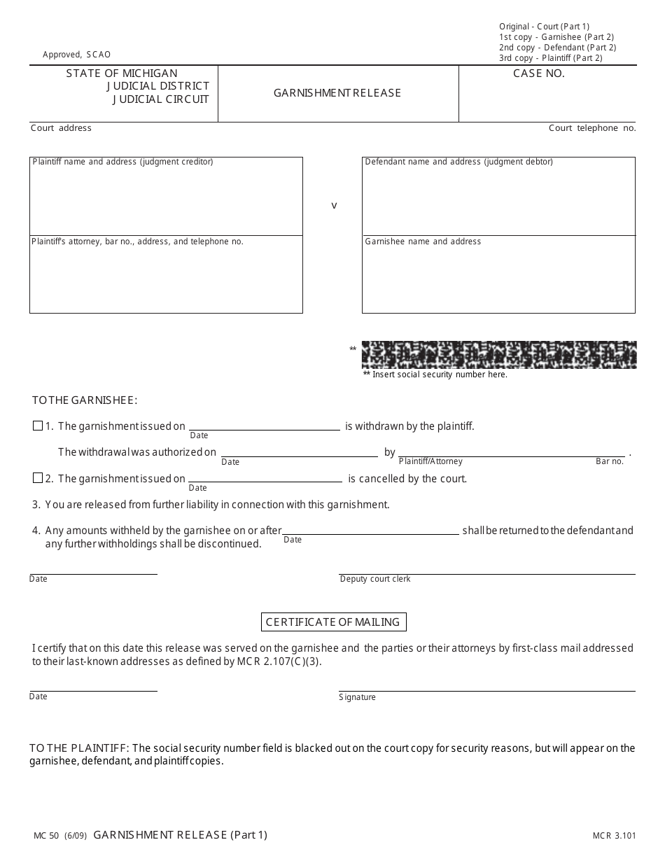 Form MC50 Garnishment Release - Michigan, Page 1