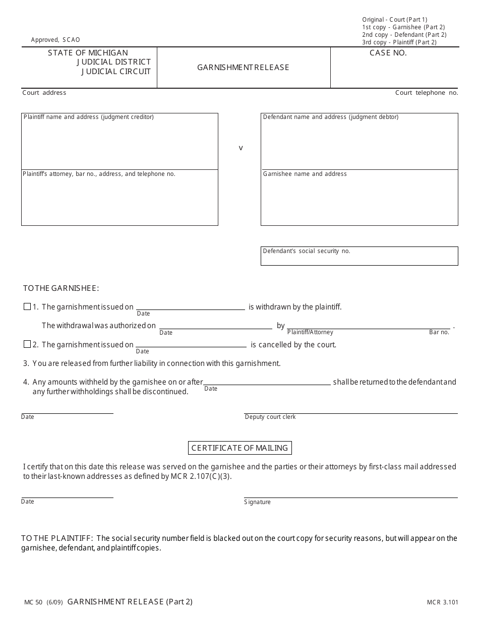 Form MC50 Garnishment Release - Michigan, Page 2