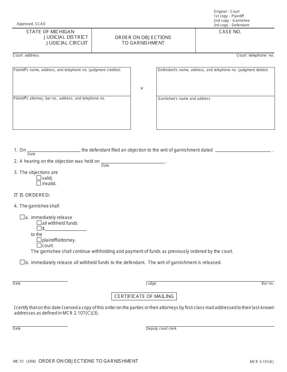 Form MC51 Order on Objections to Garnishment - Michigan, Page 1