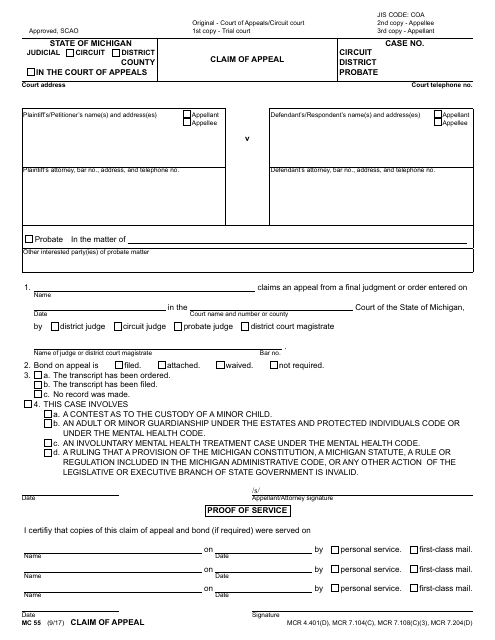 Form MC55 Fill Out Sign Online and Download Fillable PDF Michigan
