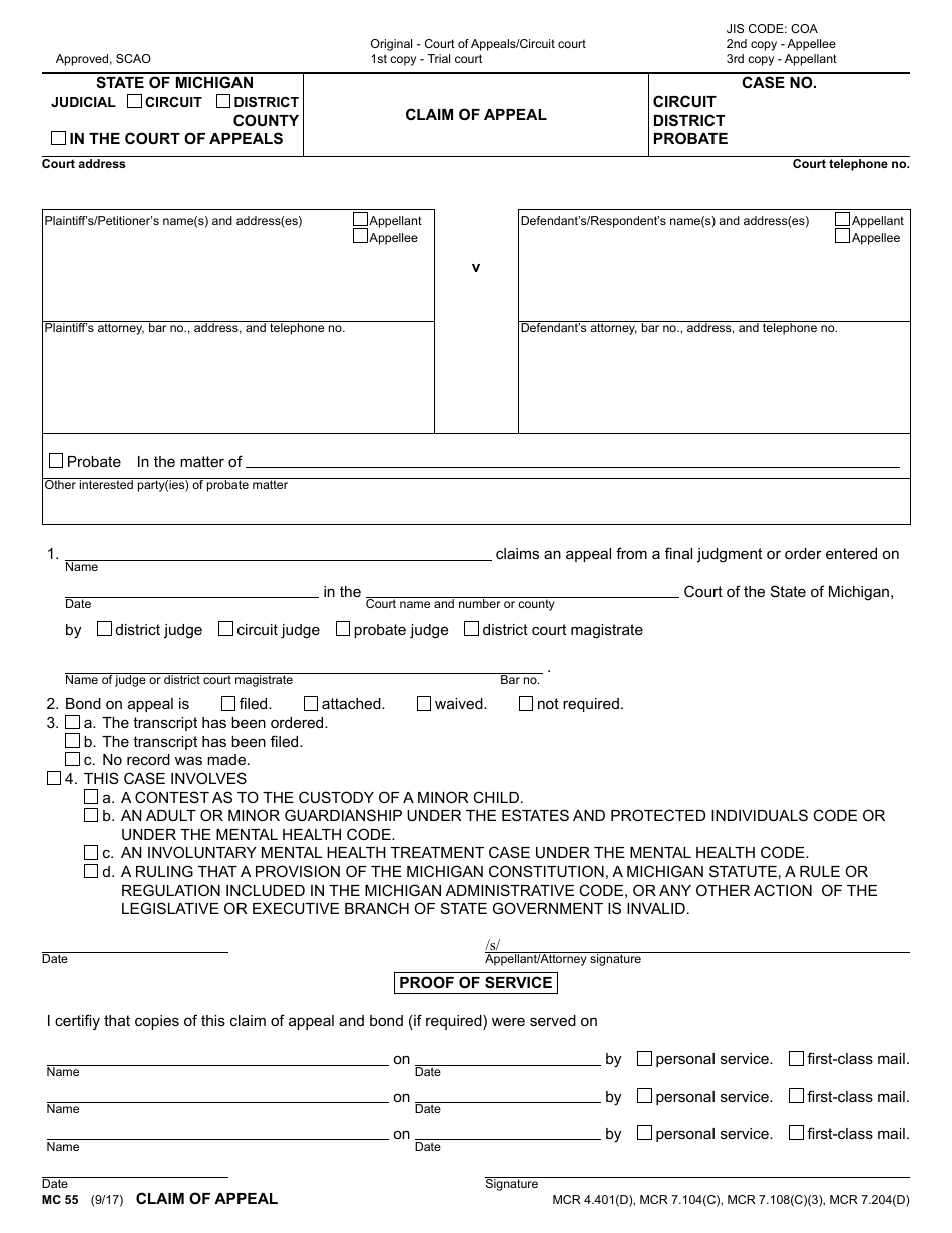 Form MC55 - Fill Out, Sign Online and Download Fillable PDF, Michigan ...