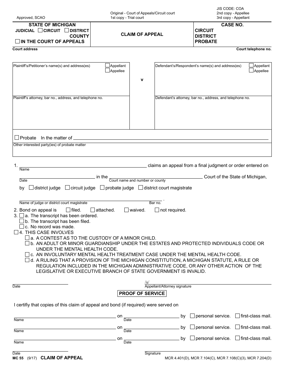 Form MC55 Claim of Appeal - Michigan, Page 1