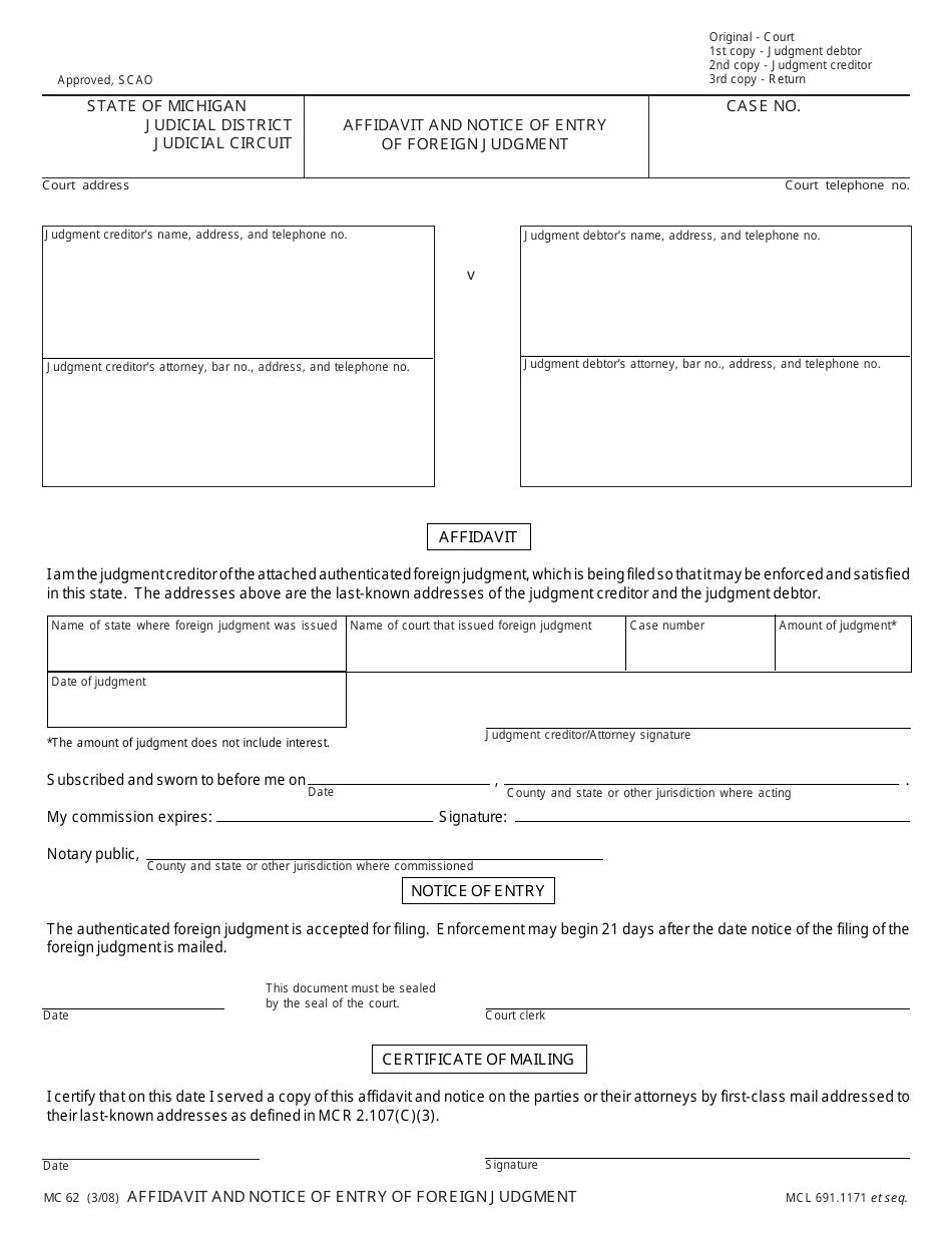 Form MC62 Affidavit and Notice of Entry of Foreign Judgment - Michigan, Page 1