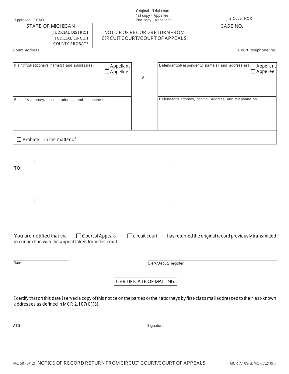 Form MC60 Notice of Record Return From Circuit Court / Court of Appeals - Michigan, Page 1
