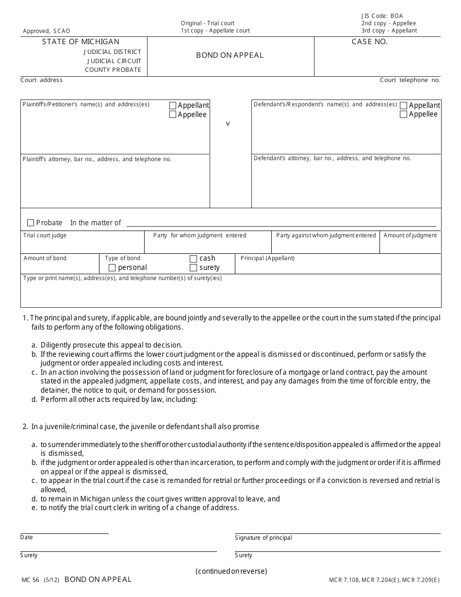 Form MC56 Bond on Appeal - Michigan, Page 1