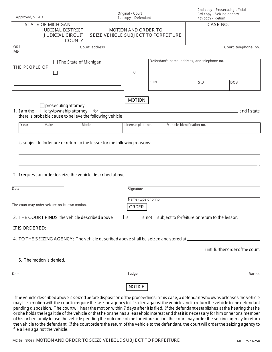 Form MC63 Motion and Order to Seize Vehicle Subject to Forfeiture - Michigan, Page 1