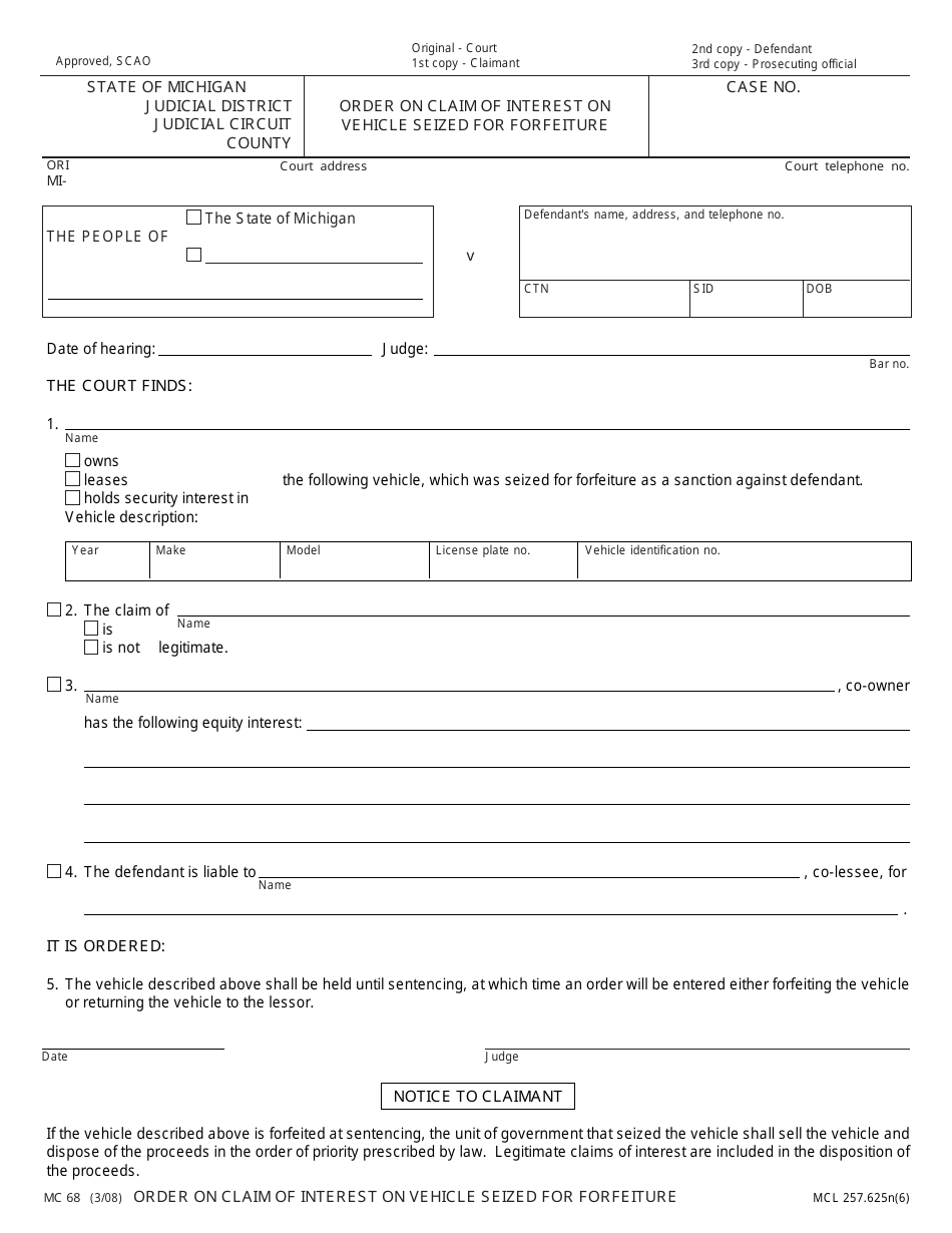 Form MC68 Download Fillable PDF or Fill Online Order on Claim of ...