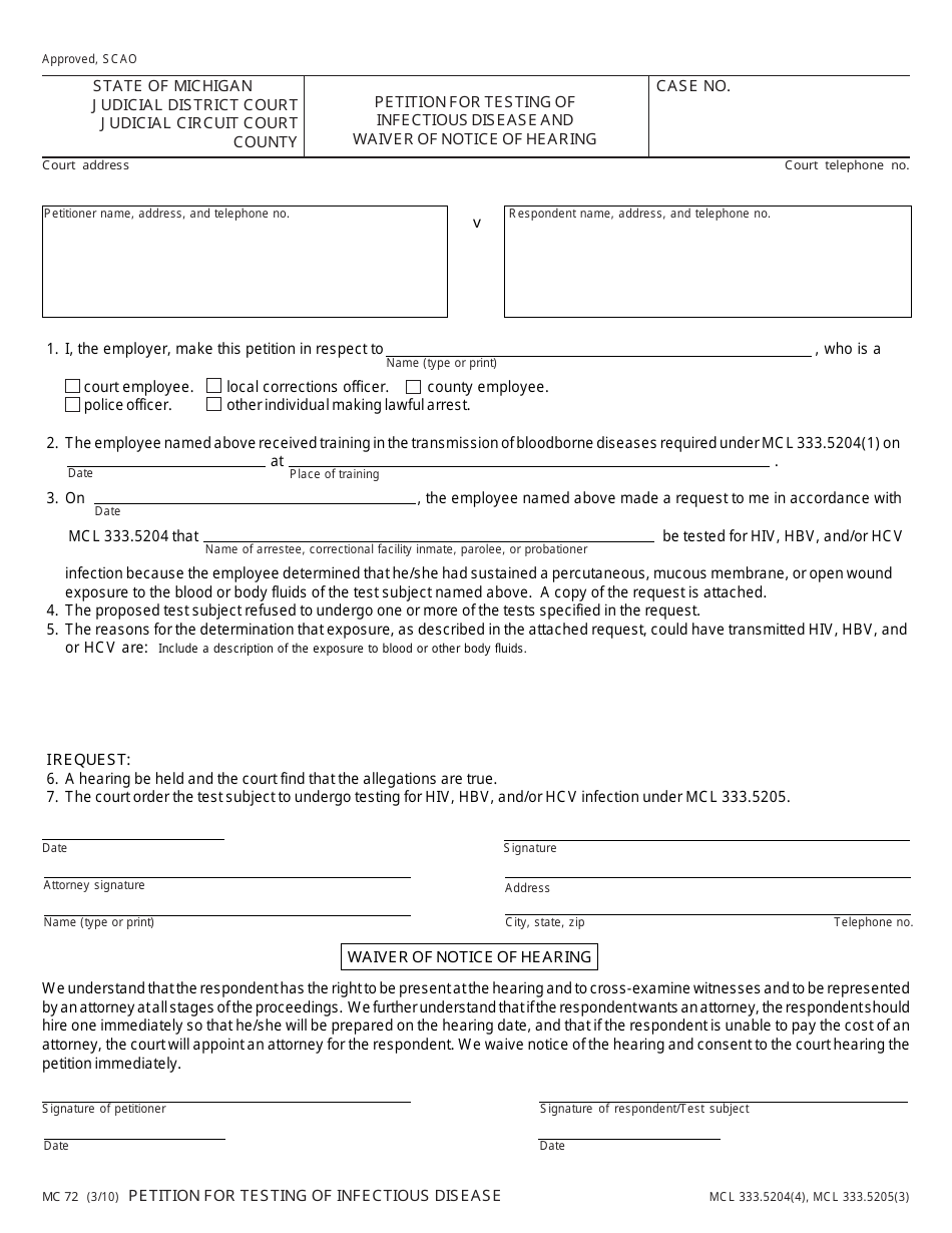 Form MC72 Petition for Testing of Infectious Disease and Waiver of Notice of Hearing - Michigan, Page 1