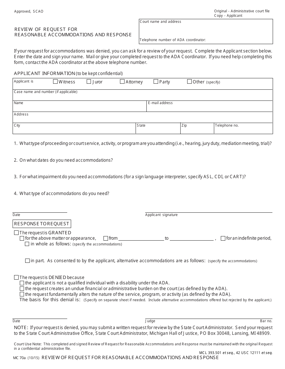 Form MC70A Review of Request for Reasonable Accommodations and Response - Michigan, Page 1