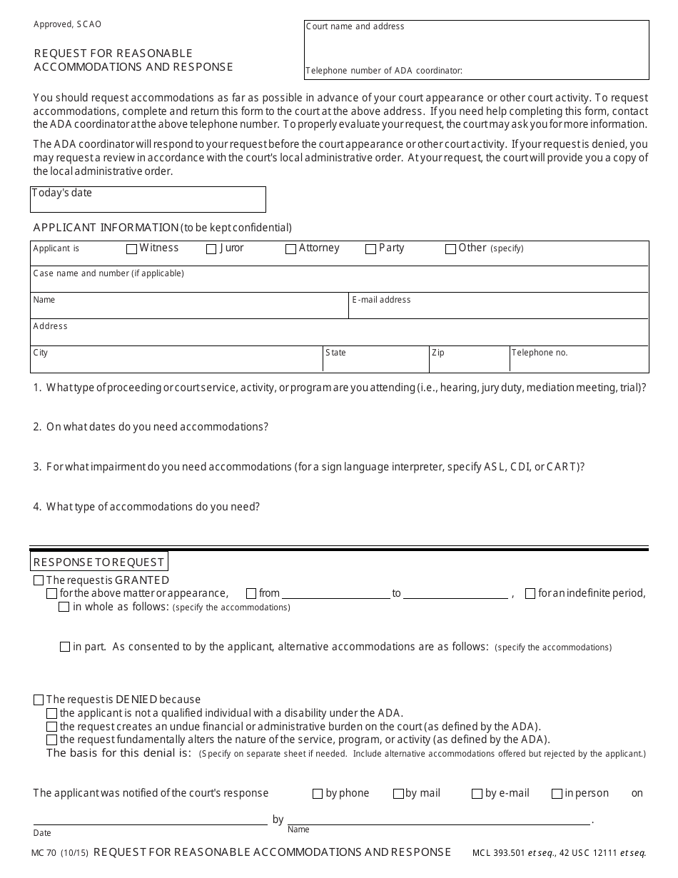 Form MC70 Request for Reasonable Accommodations and Response - Michigan, Page 1