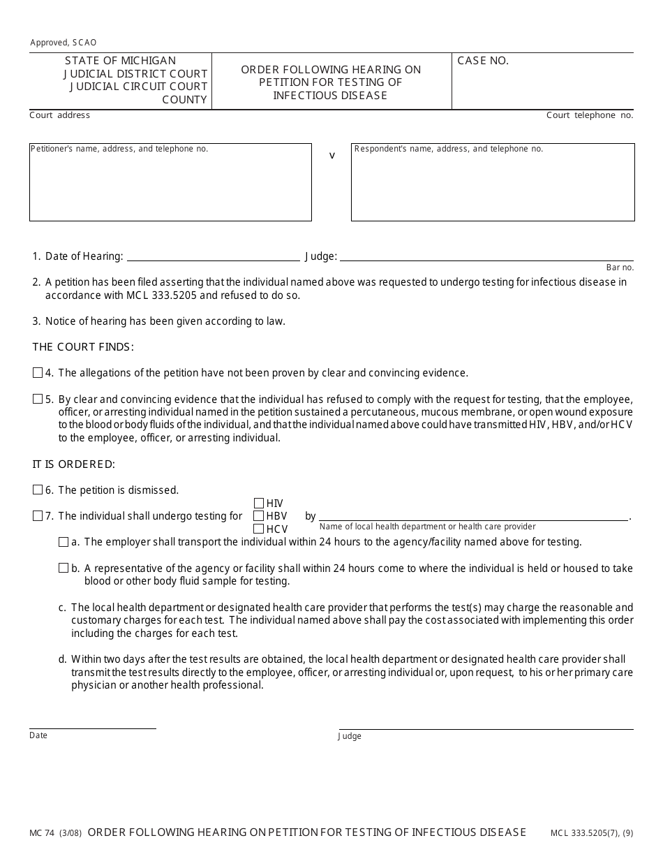 Form MC74 Order Following Hearing on Petition for Testing of Infectious Disease - Michigan, Page 1