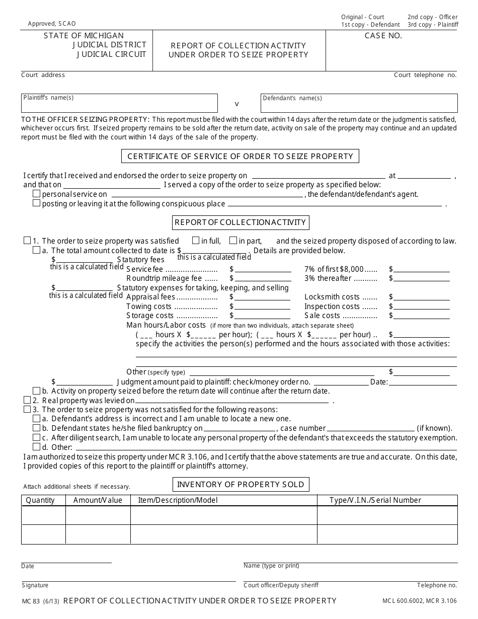 Form MC83 Report of Collection Activity Under Order to Seize Property - Michigan, Page 1