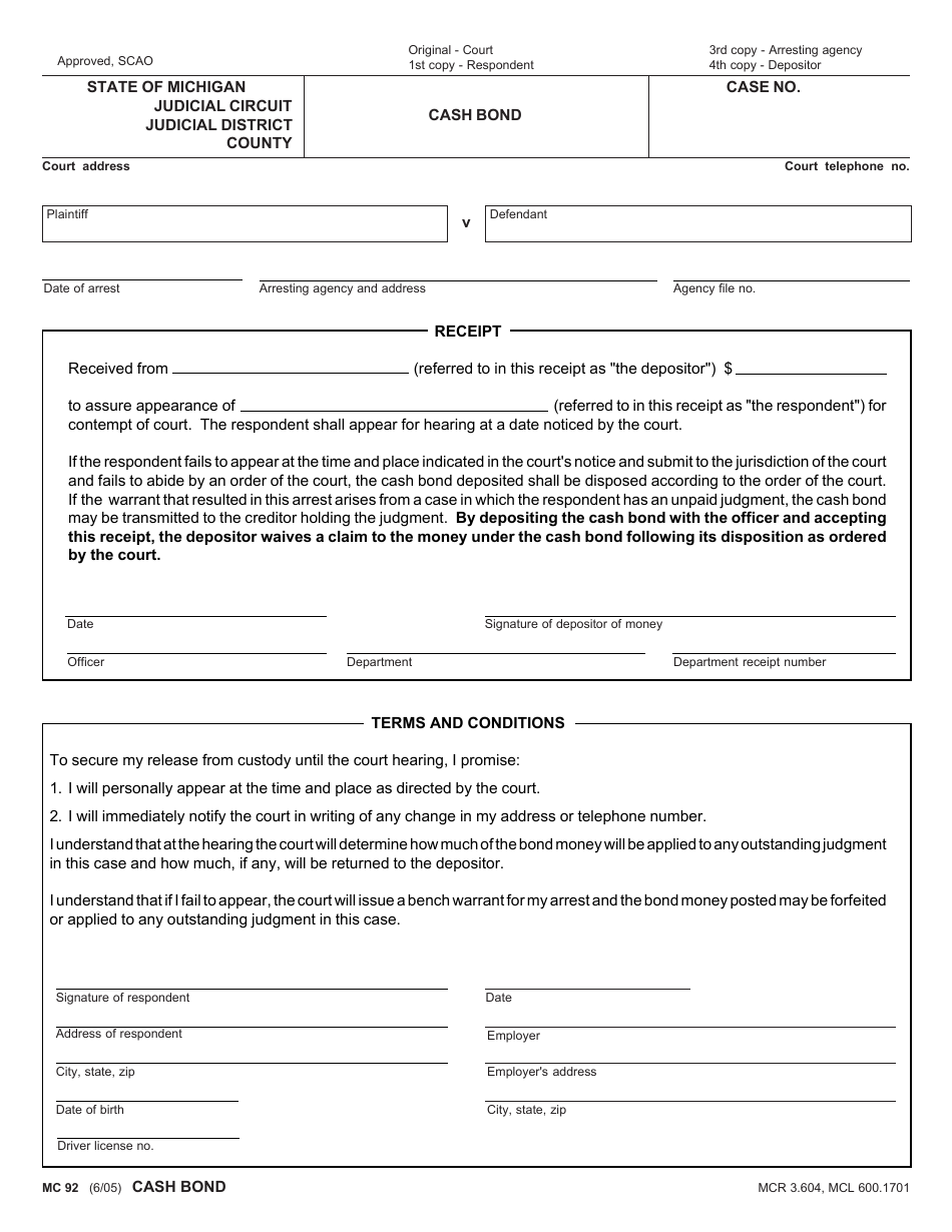 Form MC92 - Fill Out, Sign Online and Download Fillable PDF, Michigan ...