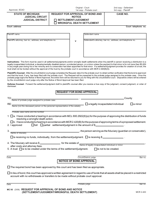 Form MC95 Request for Approval of Bond and Notice (Settlement/Judgment/Wrongful Death Settlement) - Michigan