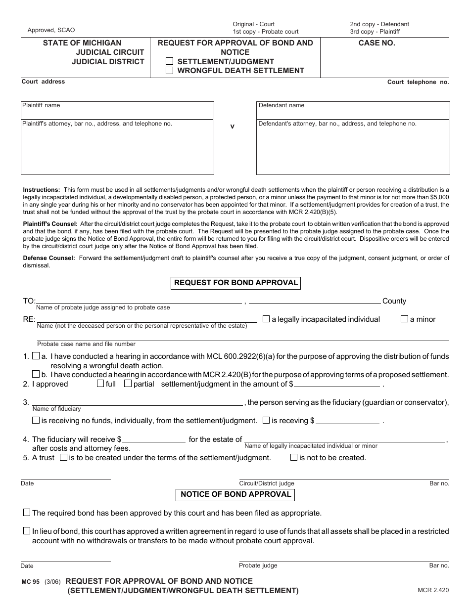 Form MC95 Request for Approval of Bond and Notice (Settlement / Judgment / Wrongful Death Settlement) - Michigan, Page 1