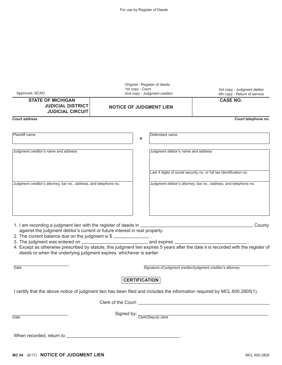 Form MC94 Notice of Judgment Lien - Michigan, Page 1