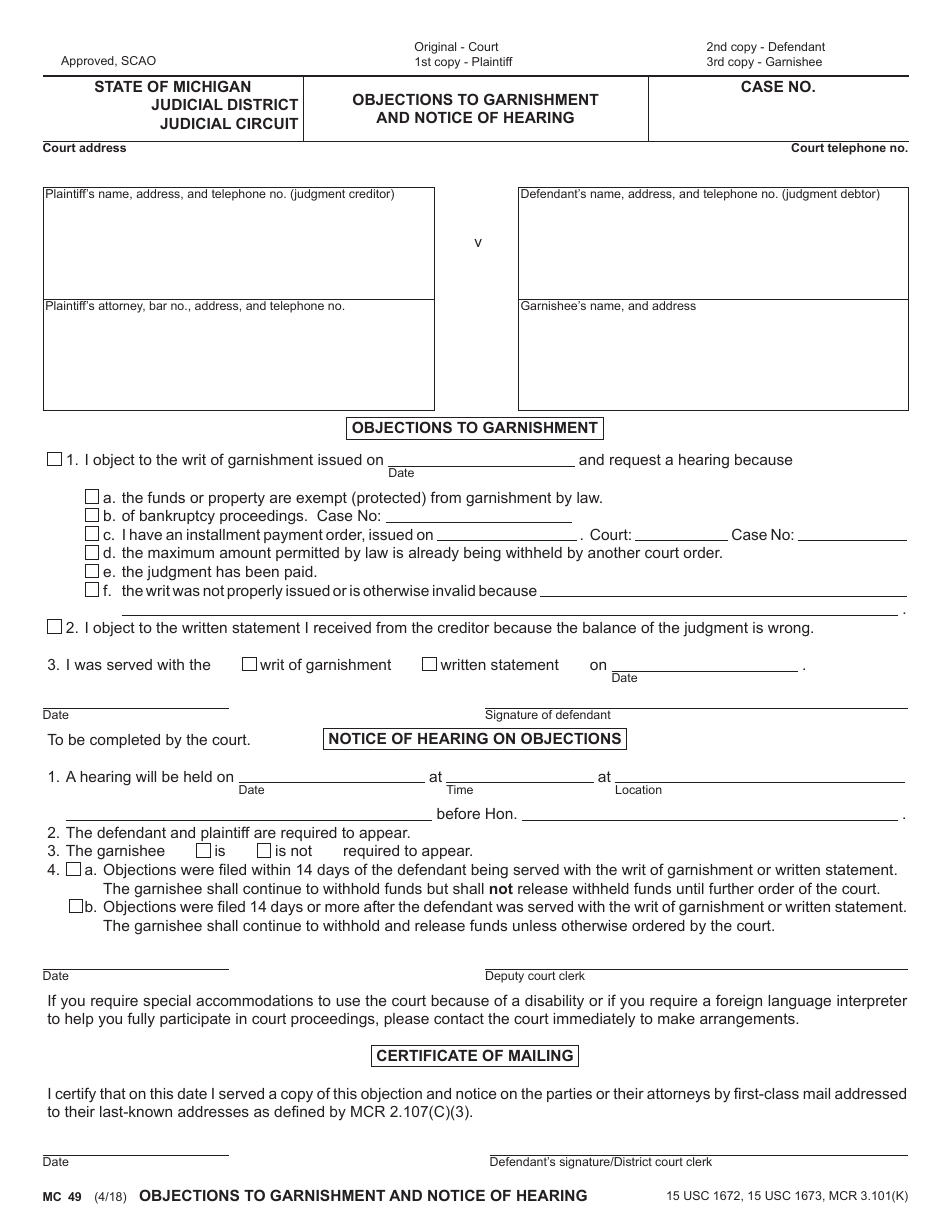 Form MC49 Objections to Garnishment and Notice of Hearing - Michigan, Page 1