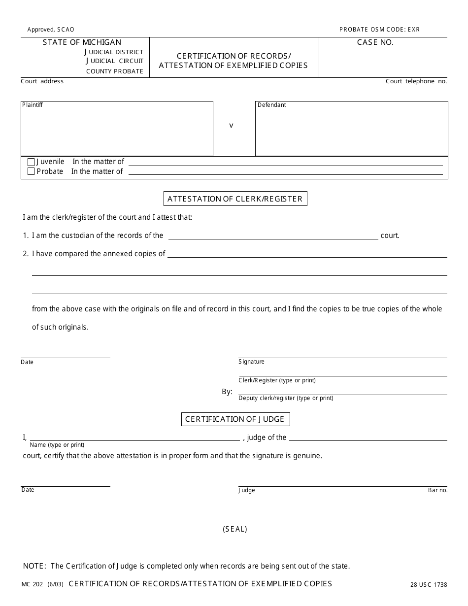 Form MC202 Certification of Records / Attestation of Exemplified Copies - Michigan, Page 1