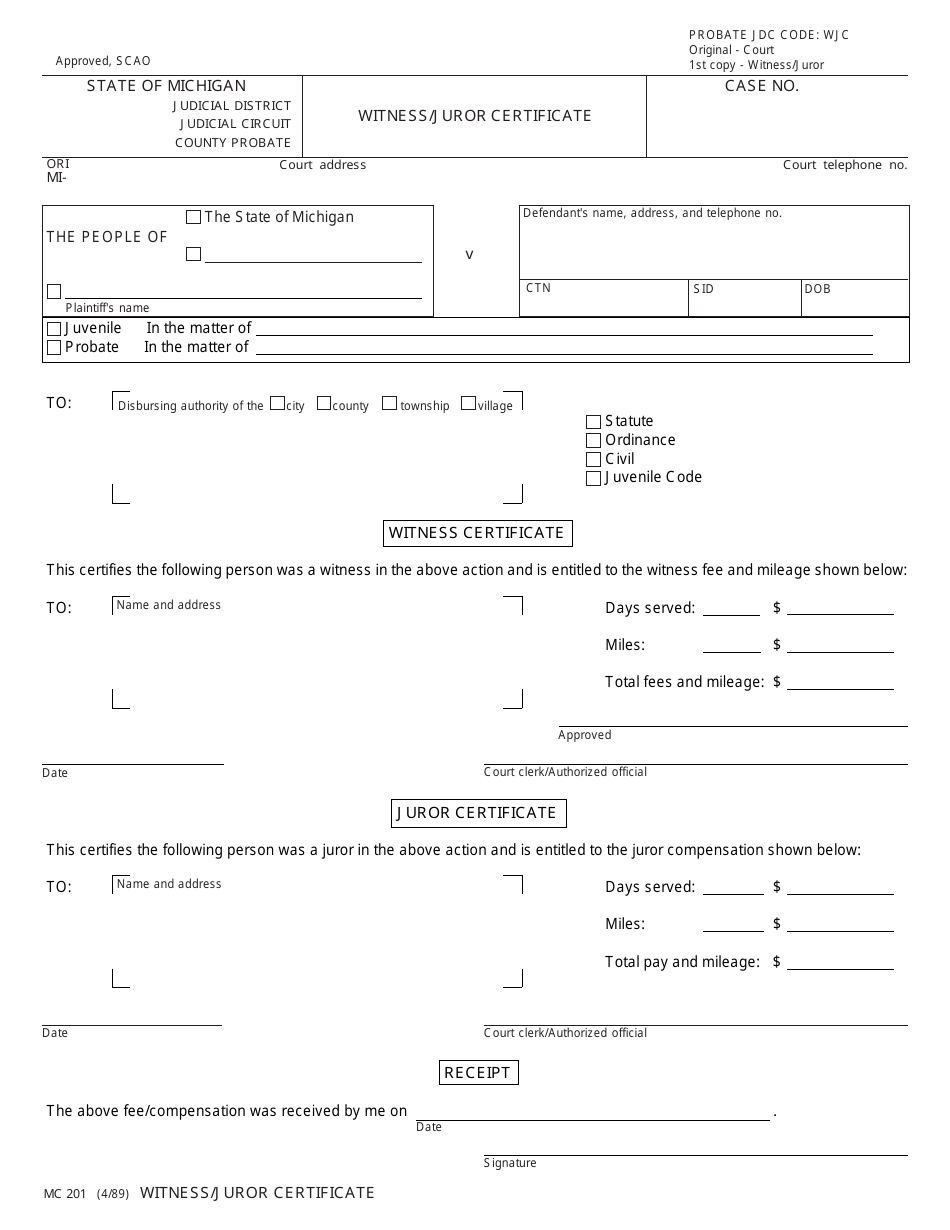 Form MC201 Witness / Juror Certificate - Michigan, Page 1
