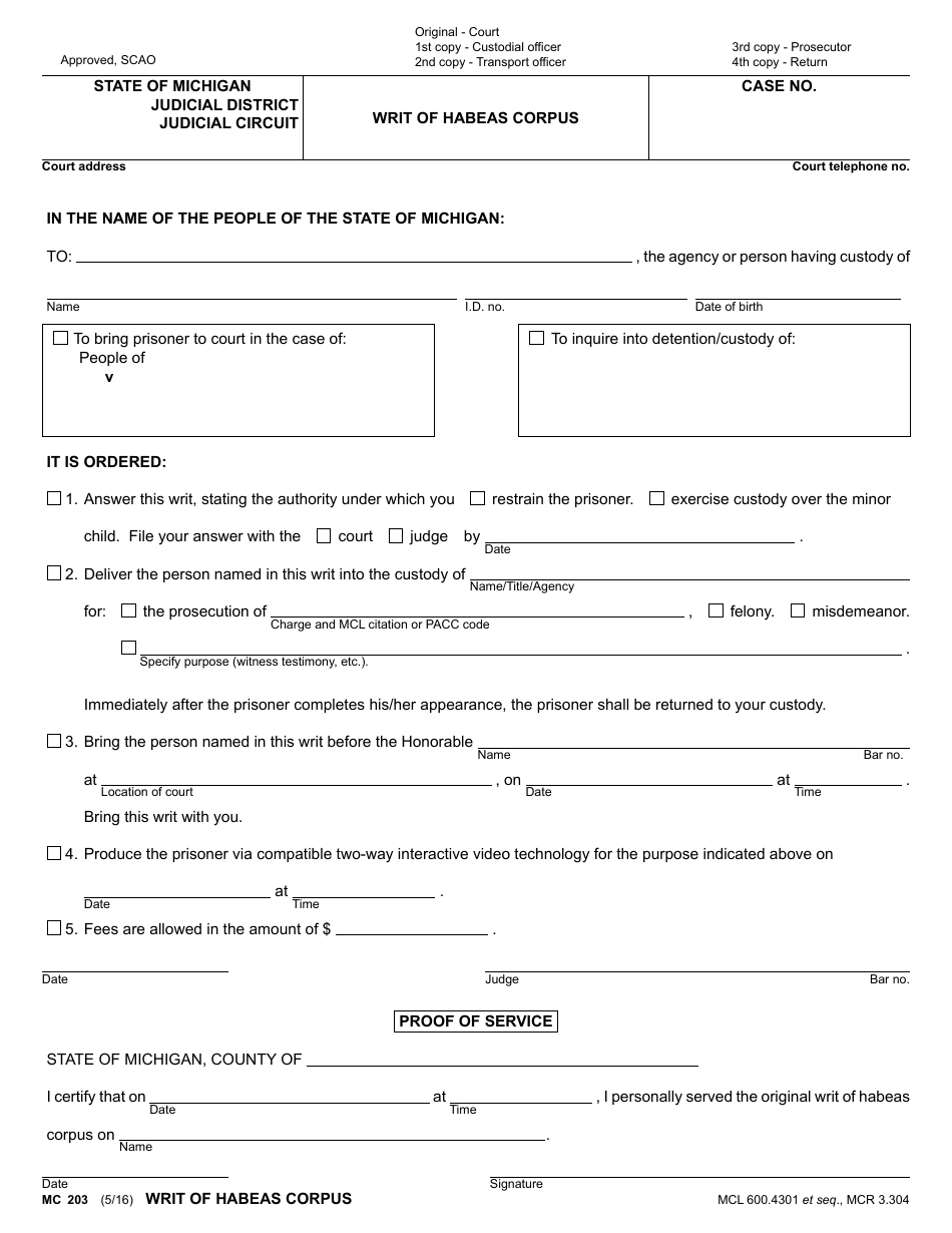 Form MC203 Writ of Habeas Corpus - Michigan, Page 1