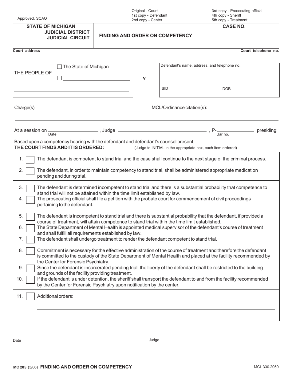 Form MC205 - Fill Out, Sign Online and Download Fillable PDF, Michigan ...