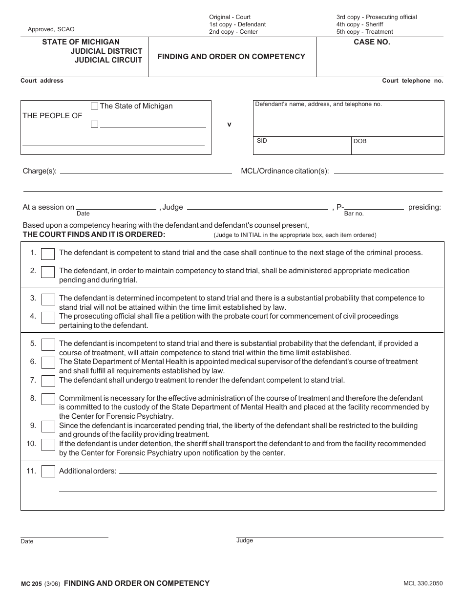 Form MC205 Finding and Order on Competency - Michigan, Page 1