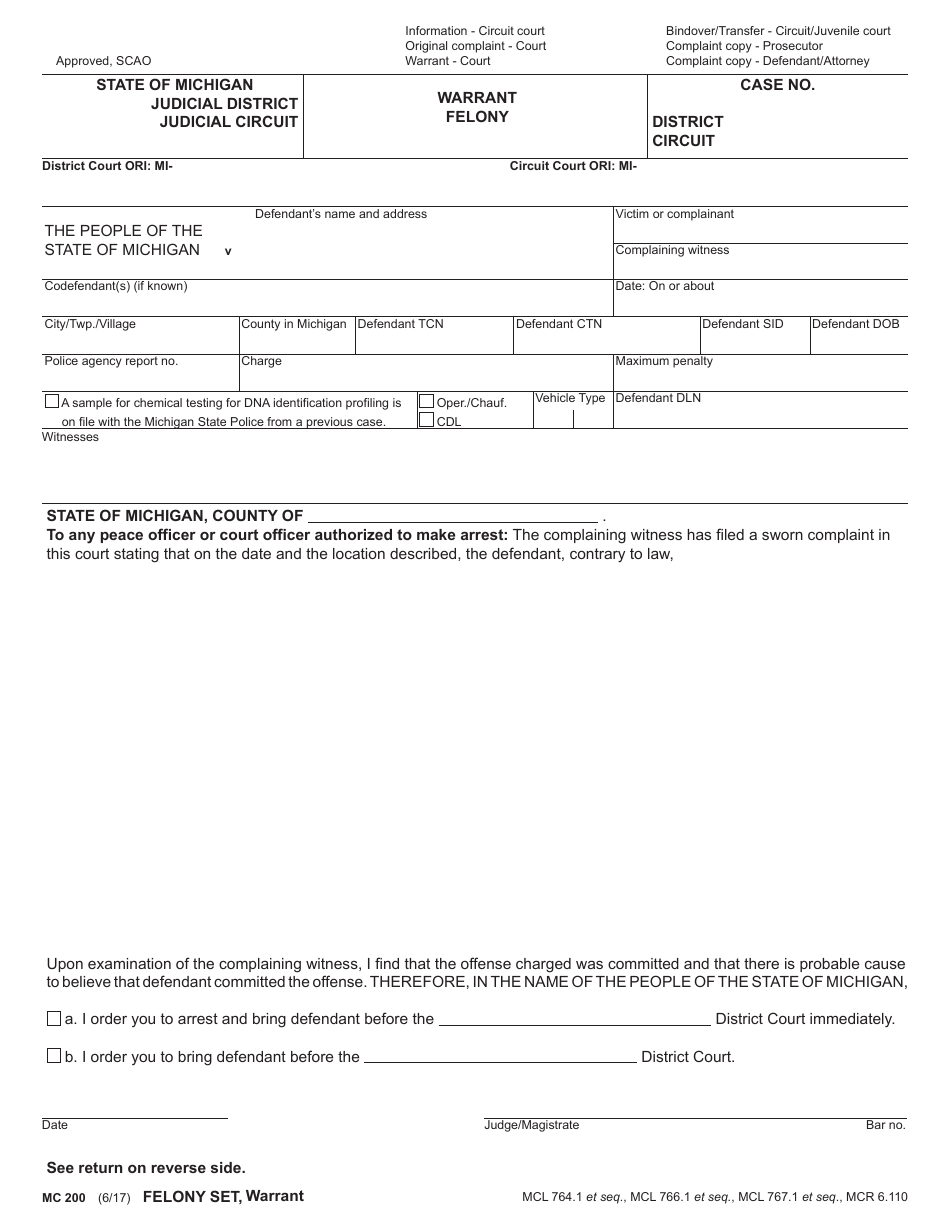 Form MC200 Felony Set - Michigan, Page 3