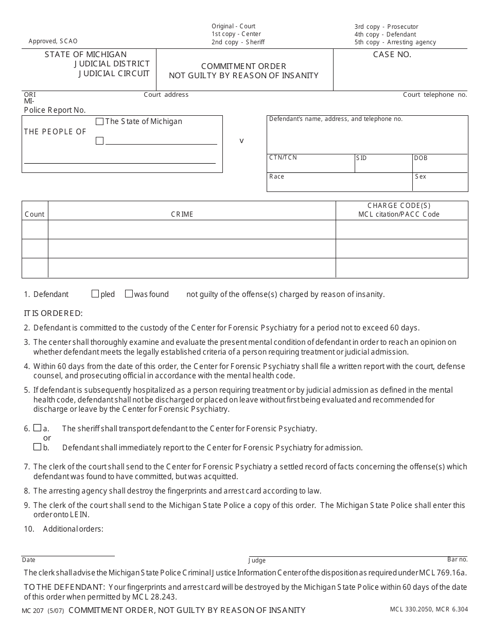 Form MC207 - Fill Out, Sign Online and Download Fillable PDF, Michigan ...