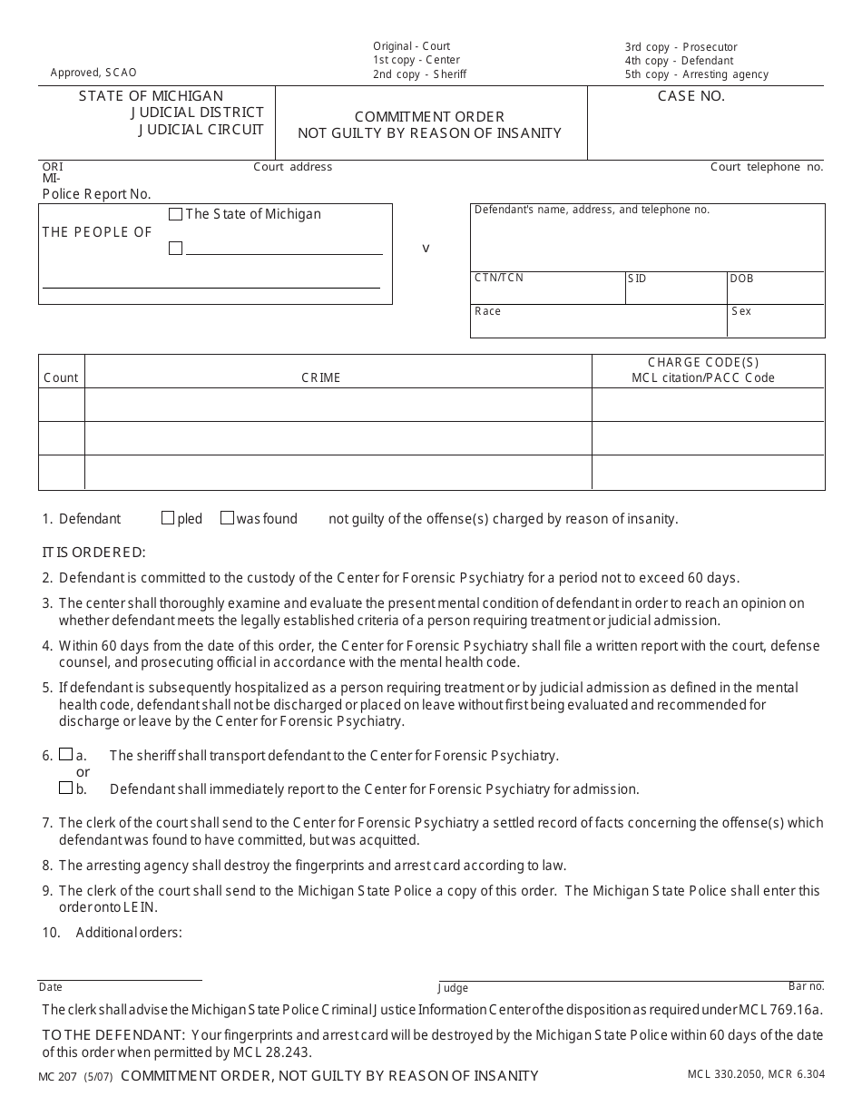 Form MC207 Commitment Order - Not Guilty by Reason of Insanity - Michigan, Page 1