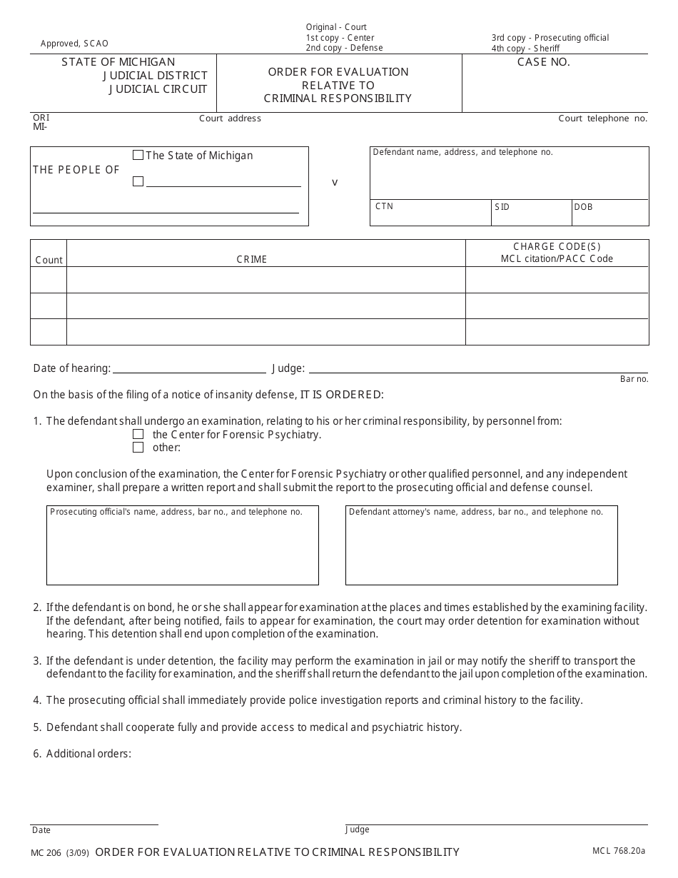 Form MC206 Order for Evaluation Relative to Criminal Responsibility - Michigan, Page 1