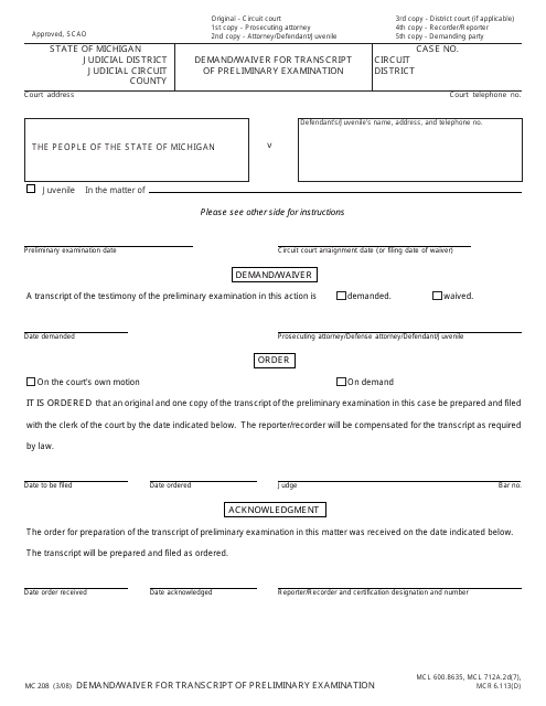 Form MC208 Demand/Waiver for Transcript of Preliminary Examination - Michigan