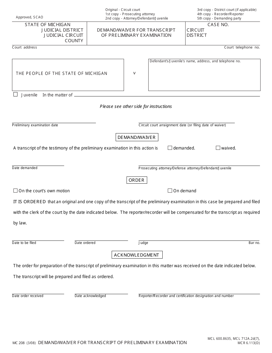 Form MC208 - Fill Out, Sign Online and Download Fillable PDF, Michigan ...